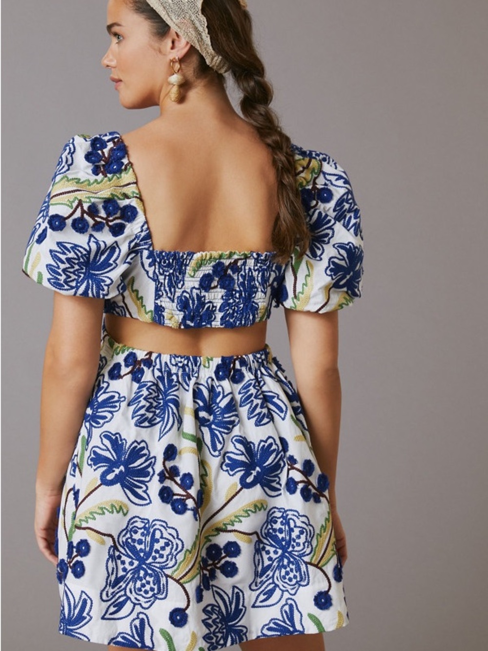 Anthropologie Blue & White Floral Puff-Sleeve Midi Dress - Picture 2 of 4